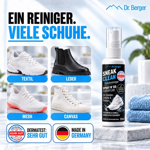 Schuhreiniger Spray 100 ml für Sneaker, Schuhe und Pumps, Sneaker Reiniger für Textil, Leder, Mesh und Canvas, entfernt Schmutz und Flecken in 60 Sekunden