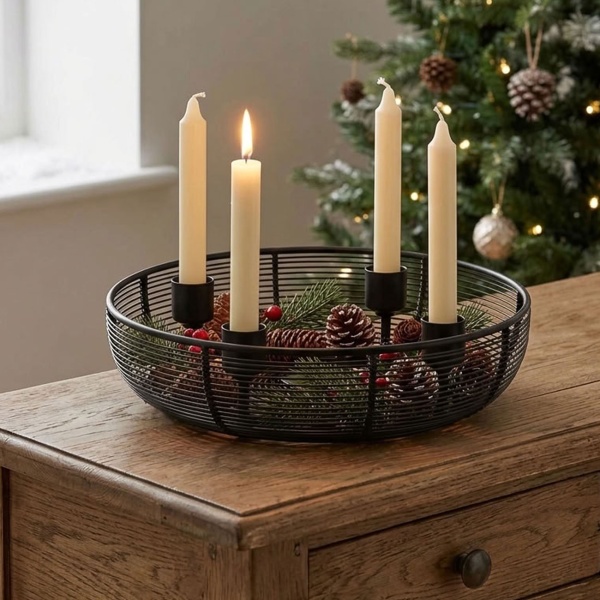 Stilvoller Adventskranz aus Metall, Schwarz Ø 20,5 cm für 4 Tafelkerzen - Moderner Kerzenhalter & Kerzenständer für Tisch & Weihnachtsdeko