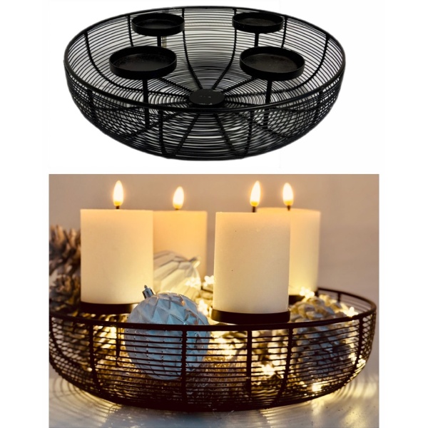 Stilvoller Adventskranz aus Metall, Schwarz Ø 36,5 cm für 4 Stumpenkerzen - Moderner Kerzenhalter & Kerzenständer für Tisch & Weihnachtsdeko