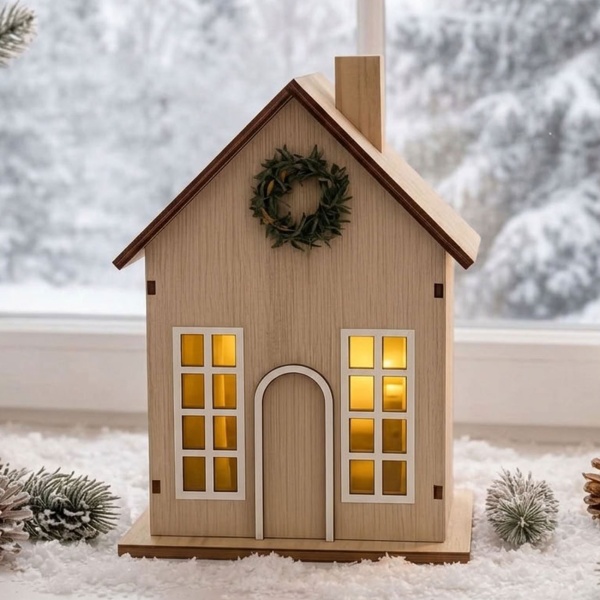 2er-Set Schönes Deko LED Haus mit Timer 11,5x8x17/24x15,5x9,5 cm: Beleuchtete Miniatur Häuser aus Kunstholz für Tischdeko & Fenster, warmweisses Licht