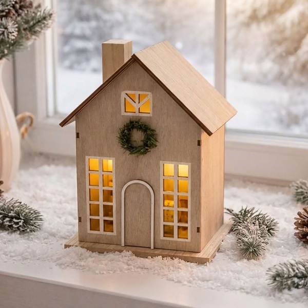 2er-Set Schönes Deko LED Haus mit Timer 11,5x8x17/24x15,5x9,5 cm: Beleuchtete Miniatur Häuser aus Kunstholz für Tischdeko & Fenster, warmweisses Licht