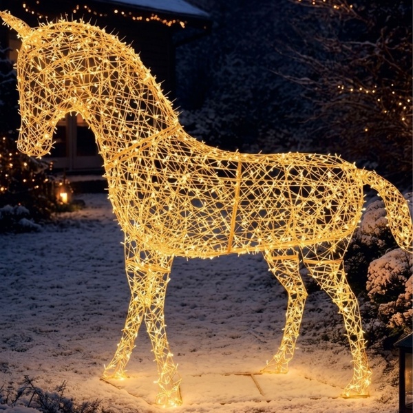 LED Metall Deko Pferd warmweiss: grosse LED Einhorn Figur mit Timer für Gartendekoration, Weihnachtsdeko & Events, IP44, 220cm