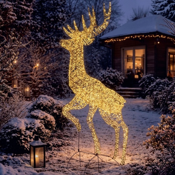 LED Metall Deko Rentier warmweiss: grosse LED Figur mit Timer für Gartendekoration, Weihnachtsdeko, Einkaufszentren & Events, IP44, 220cm