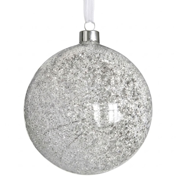 Elegante Dekokugel aus Glas gefrostet mit 20 LEDs: warmweiss hängend für Weihnachten mit Timer, Batterie - Ø 12cm Deko Leuchte