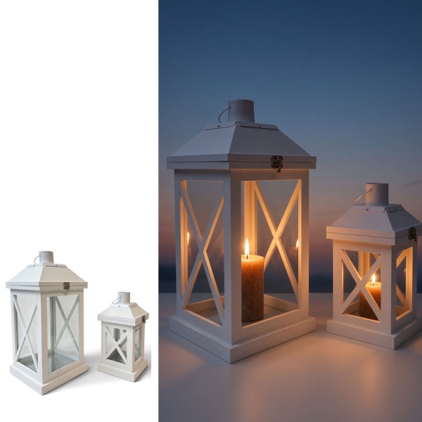 2er-Set MDF-Holz Laternen in Weiss-matt – Stilvolles Windlicht Set für Kerzen als gemütliche Tischdekoration für Wohnzimmer, Balkon & Garten