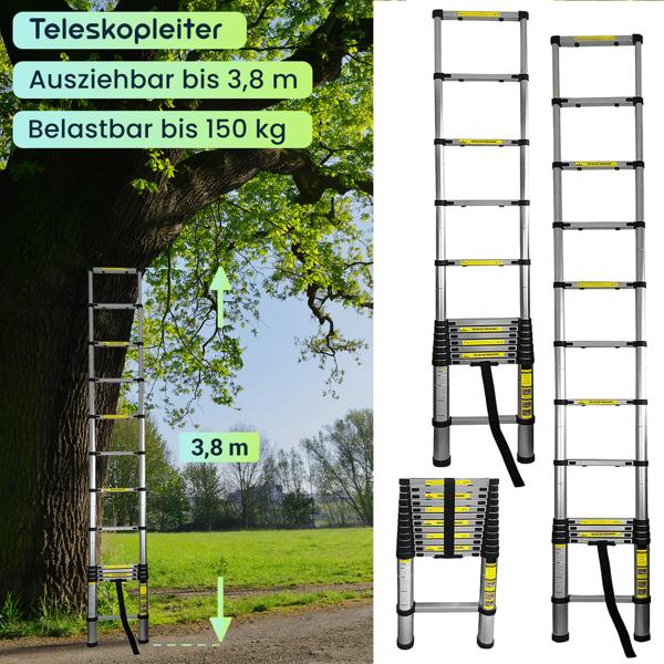 Teleskopleiter, Ausziehbare Leiter bis 3.8 m, Multifunktionsleiter mit 150kg Belastbarkeit, Rutschfeste Aluminium Dachbodenleiter mit rutschfesten Füssen