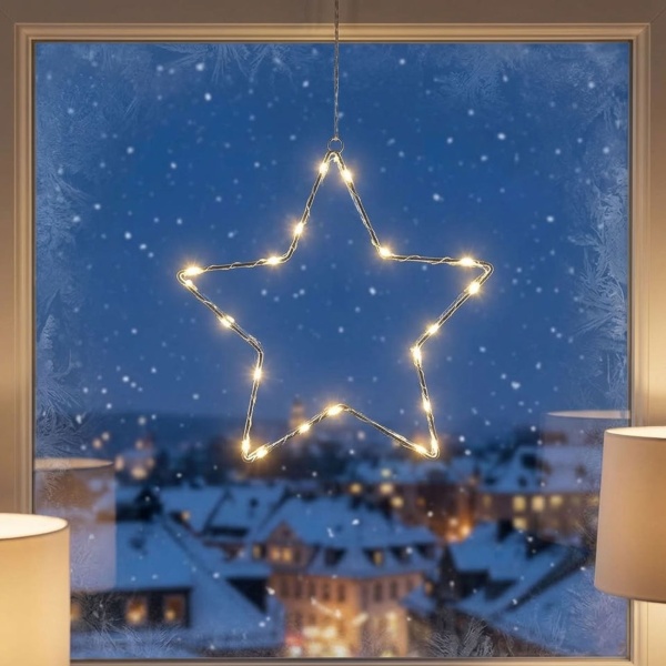 2er-Set Stimmungsvolle LED Metallsterne Ø15 cm & Ø40 cm mit Saugnapf fürs Fenster, warmweisse Lichter, Timer & Batterriebetrieb, Weihnachtsdeko