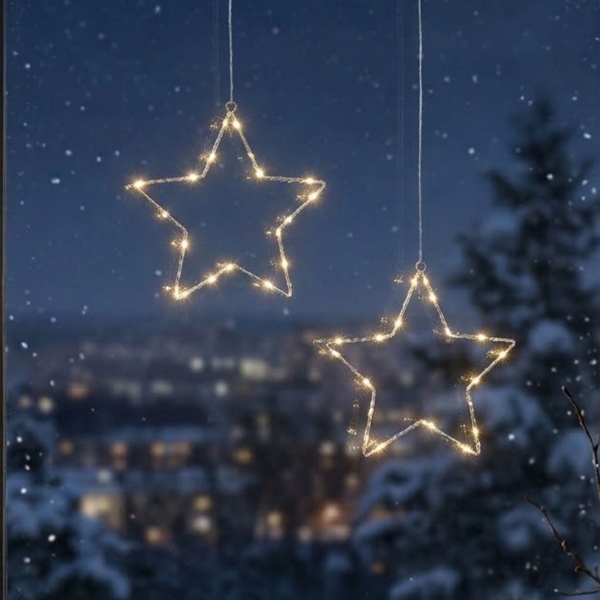 2er-Set Stimmungsvolle LED Metallsterne Ø15 cm & Ø40 cm mit Saugnapf fürs Fenster, warmweisse Lichter, Timer & Batterriebetrieb, Weihnachtsdeko