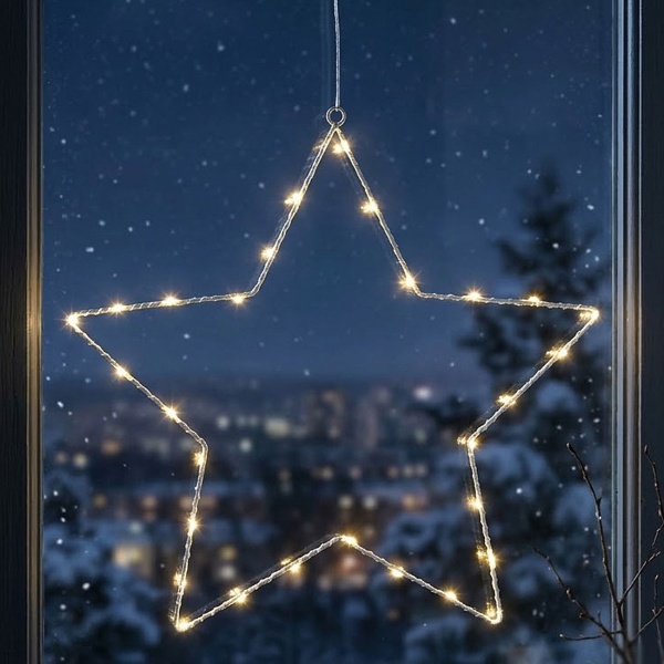 Stimmungsvoller LED Metallstern Ø40 cm mit Saugnapf fürs Fenster, 30 warmweisse Lichter, Timer & Batterriebetrieb, Weihnachtsdeko