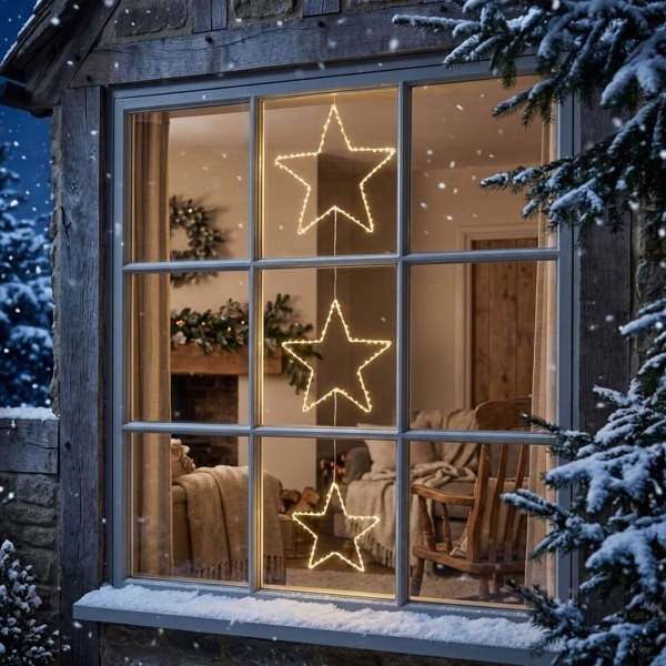 Elegante 3 LED Sterne zum Aufhängen, 180 warmweisse Lichter, Batterie mit Timer, Deko für Fenster & Weihnachten, weiss