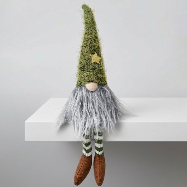 Wichtel Kantenhocker Weihnachten 28 cm, grüne Sternmütze & Flauschbart, Stoff Wichtel grün-weiss geringelt, Regal & Fensterbank Deko