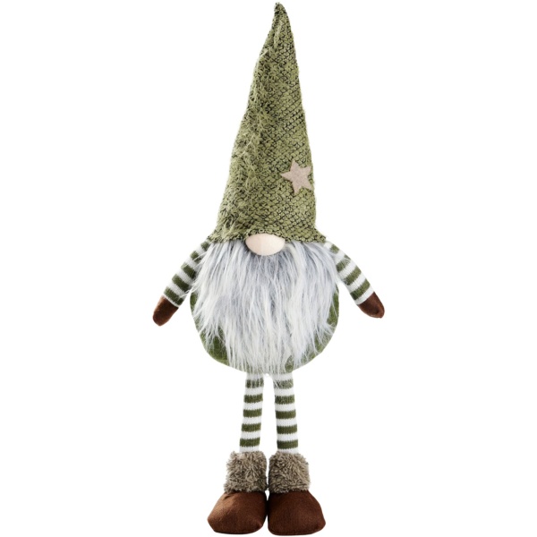Weihnachtswichtel Deko mit Teleskopbeinen, grüne Sternmütze & Flauschbart, Stoff Wichtel 63 cm, grün-weiss geringelt, Weihnachtsdeko