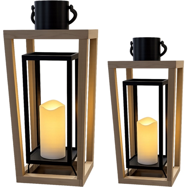 2er-Set Laterne aus Holz & Metall mit LED Kerze und Timer, 38 cm & 48,5 cm, offenes Design in Natur-Schwarz, flammenlose Deko, Laternen mit Griff