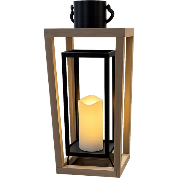 2er-Set Laterne aus Holz & Metall mit LED Kerze und Timer, 38 cm & 48,5 cm, offenes Design in Natur-Schwarz, flammenlose Deko, Laternen mit Griff