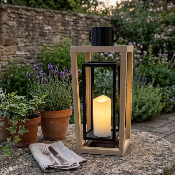 2er-Set Laterne aus Holz & Metall mit LED Kerze und Timer, 38 cm & 48,5 cm, offenes Design in Natur-Schwarz, flammenlose Deko, Laternen mit Griff