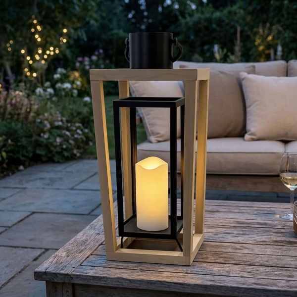 2er-Set Laterne aus Holz & Metall mit LED Kerze und Timer, 38 cm & 48,5 cm, offenes Design in Natur-Schwarz, flammenlose Deko, Laternen mit Griff