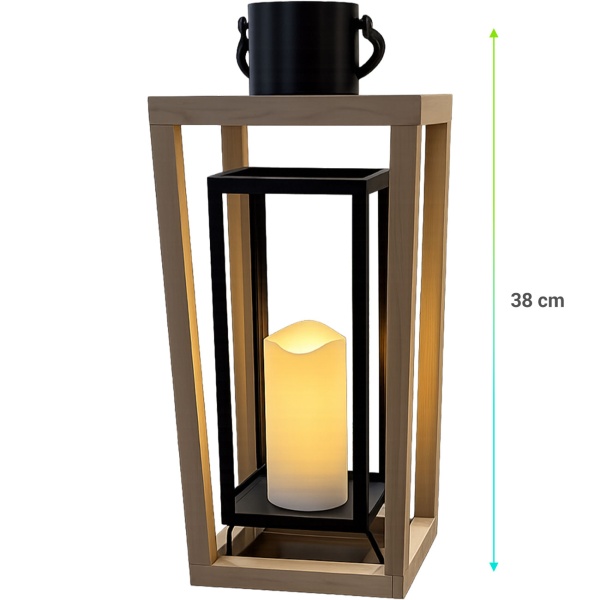 2er-Set Laterne aus Holz & Metall mit LED Kerze und Timer, 38 cm & 48,5 cm, offenes Design in Natur-Schwarz, flammenlose Deko, Laternen mit Griff