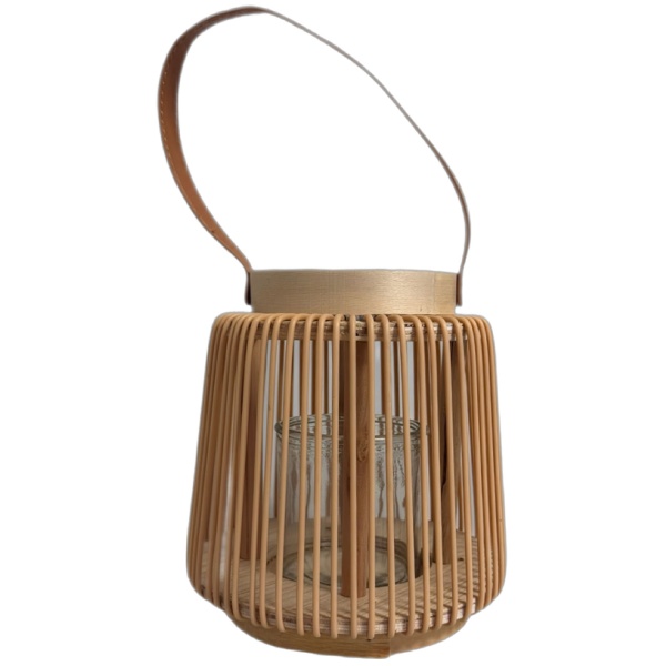 Laterne mit Kunstledergriff, Ø 16,5 x H 17 cm, Windlicht mit Glaseinsatz, Stäbe in Rattan-Optik, heller Holz-Look, Deko für Teelicht & LED-Kerze