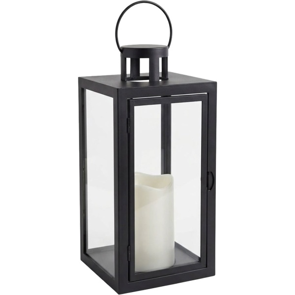 Laterne mit LED-Kerze und Timer, H 27,5 cm, schwarze Deko-Laterne mit Tragering & Tür, flammenlose Kerze in Creme, batteriebetrieben