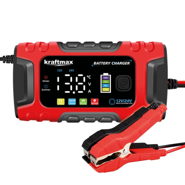 12/24V KFZ Autobatterie Ladegerät Vollautomatisch – Smart Batterieladegerät 10A mit LCD Display für AGM Gel LiFePO4 Auto Lkw