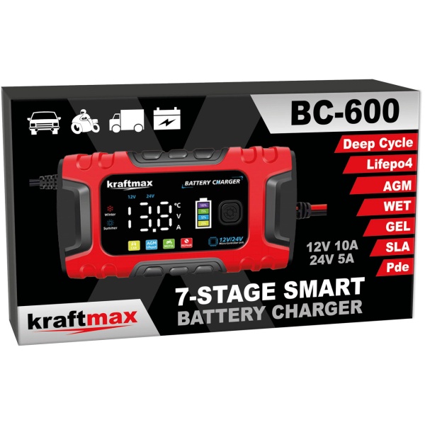 12/24V KFZ Autobatterie Ladegerät Vollautomatisch – Smart Batterieladegerät 10A mit LCD Display für AGM Gel LiFePO4 Auto Lkw