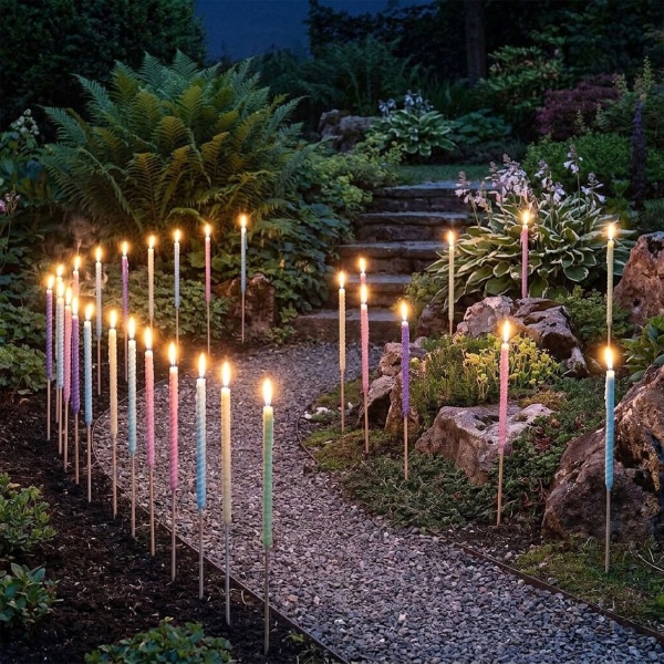 Gartenfackeln Wachs 20er Set bunt, Wachsfackeln 70 cm mit Holzstab und Baumwolldocht, ca. 3 Std. Brenndauer, Outdoor Fackeln in Pastellfarben