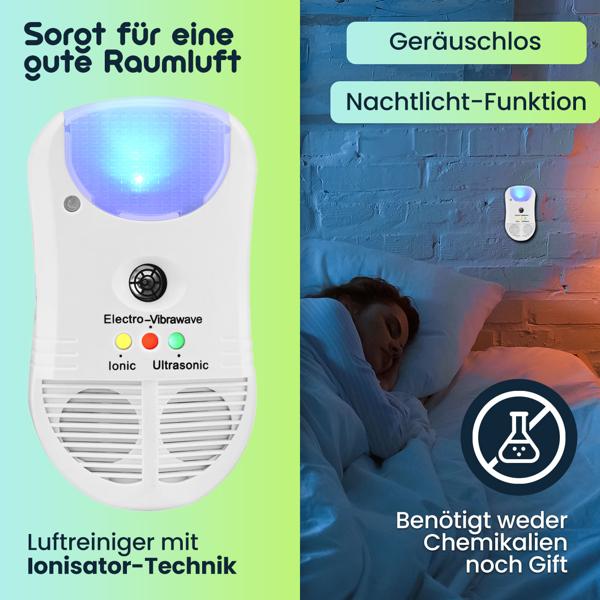 3in1 Ultraschall Insektenvertreiber mit Ionen Luftreiniger und PIR Sensor Nachtlicht, praktisch für die Steckdose, schützt bis zu 30 qm, 3 Kontroll LEDs