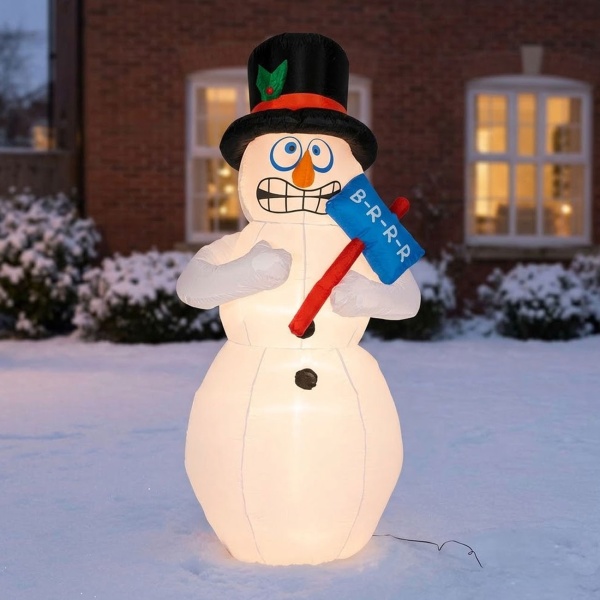 Aufblasbarer Schneemann 180 cm mit LED-Beleuchtung, bibbernder Schneemann mit Zylinder & Brrr-Schild, selbstaufblasend, Weihnachtsdeko für Garten