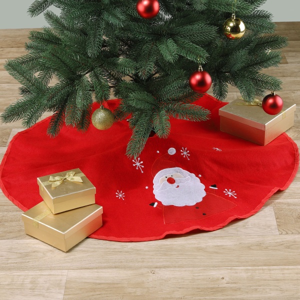 Christbaumdecke rund 90 cm rot mit Weihnachtsmann-Motiv & Schneeflocken, Weihnachtsbaumdecke aus Polyester, Baumrock für den Christbaumständer