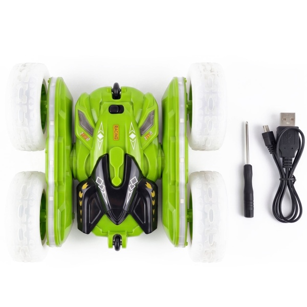 Ferngesteuertes Auto Stunt Car mit 360 Grad Rotation, grün, RC Auto mit Leuchträdern und Akku, 12 km/h, 2,4 GHz Fernbedienung, Spielzeug für Kinder