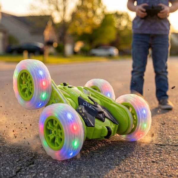 Ferngesteuertes Auto Stunt Car mit 360 Grad Rotation, grün, RC Auto mit Leuchträdern und Akku, 12 km/h, 2,4 GHz Fernbedienung, Spielzeug für Kinder