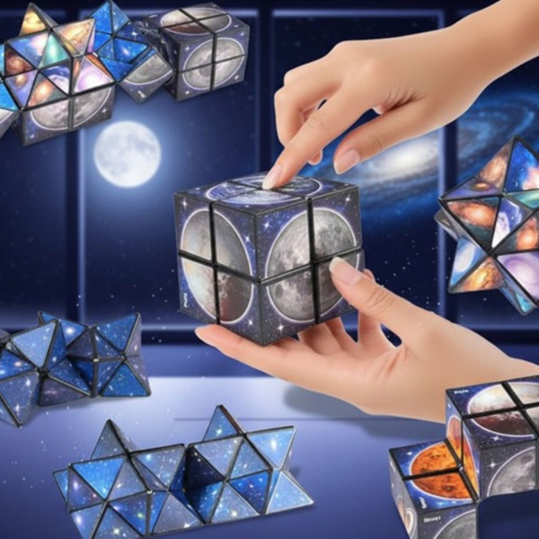 Zauberwürfel Infinity Cube 2 in 1 Set, magischer Würfel mit Galaxie und Sternen Motiv, verwandelbarer Fidget Würfel und Knobelspiel für alle