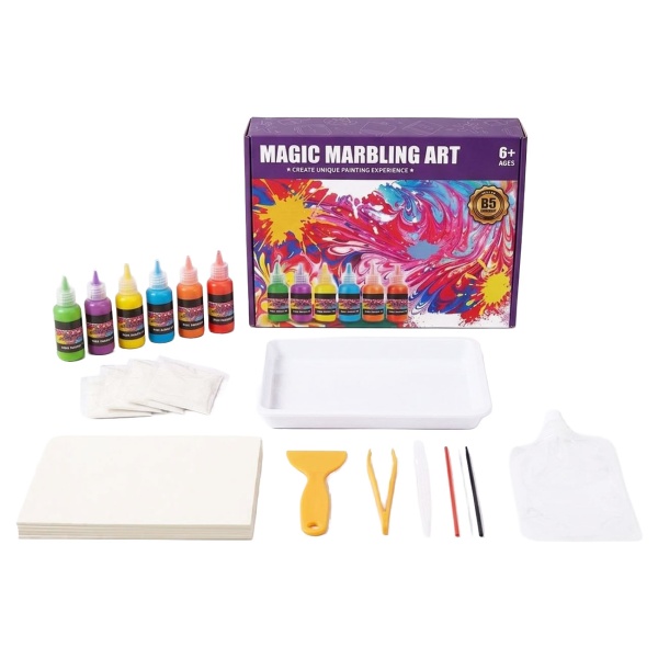 Marmorier Set für Kinder mit 6 Farben, Wassermalset Bastelset zum Marmorieren mit Wanne, Pipette, Pinzette und 10 Blatt A4 Papier, Malset