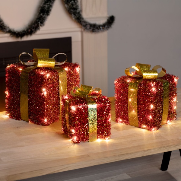 LED Geschenkboxen 3er Set rot-gold, beleuchtete Geschenke Weihnachtsdeko mit 76 warmweissen LEDs, Timer, batteriebetrieben, 12/15/18 cm