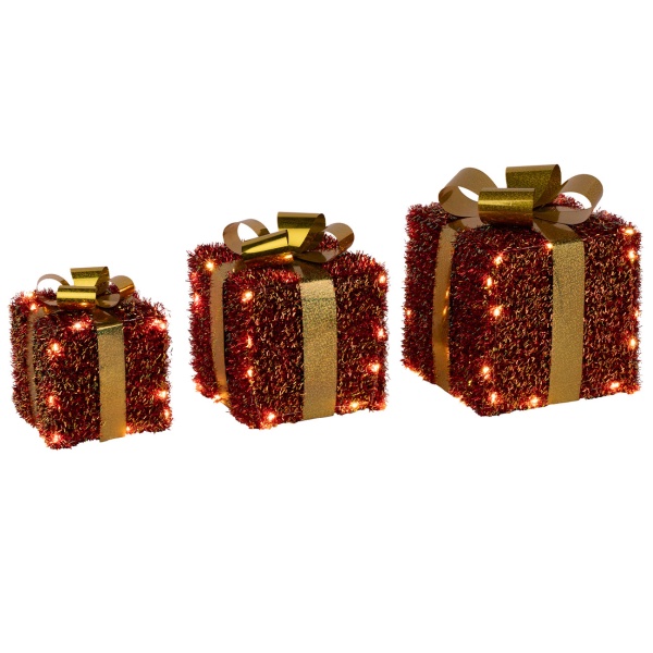 LED Geschenkboxen 3er Set rot-gold, beleuchtete Geschenke Weihnachtsdeko mit 76 warmweissen LEDs, Timer, batteriebetrieben, 12/15/18 cm