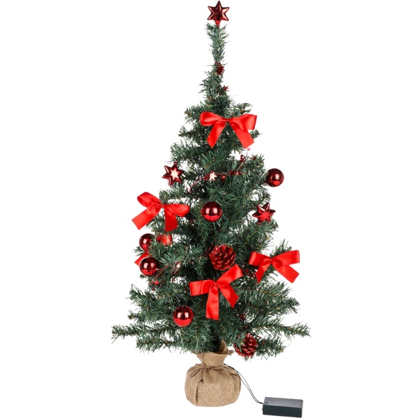 Künstlicher Weihnachtsbaum 75 cm mit LED-Beleuchtung und Deko, Mini Tannenbaum geschmückt mit roten Kugeln, Sternen & Zapfen, Timer, Batteriebetrieb