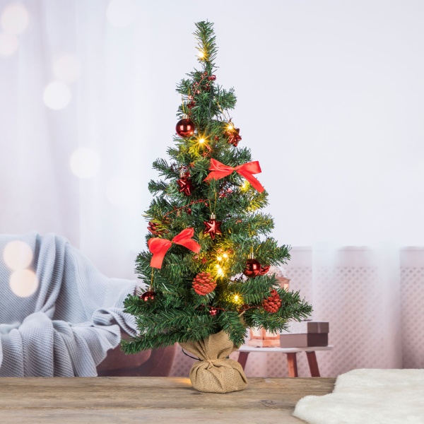 Künstlicher Weihnachtsbaum 75 cm mit LED-Beleuchtung und Deko, Mini Tannenbaum geschmückt mit roten Kugeln, Sternen & Zapfen, Timer, Batteriebetrieb