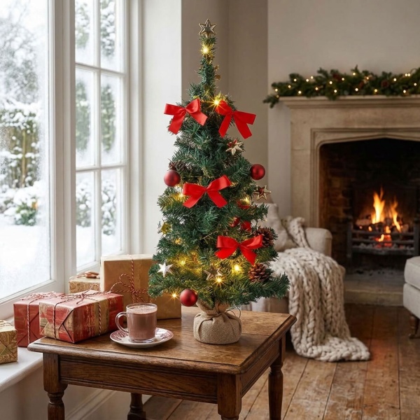 Weihnachtsbaum künstlich 75 cm geschmückt, Tannenbaum mit LED-Lichterkette, roten Schleifen & Kugeln, Jute-Ständer, Timer, Batteriebetrieb, grün