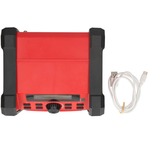 Baustellenradio DAB+ und UKW mit Bluetooth und Akku, robustes Radio IP54 mit 30 W Klang, bis 10 Std. Laufzeit, USB-C Ladung, Tragegriff, rot/schwarz