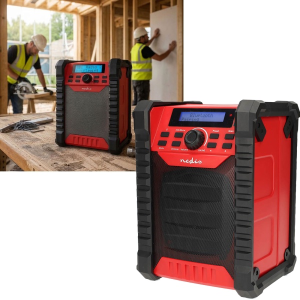 Baustellenradio DAB+ und UKW mit Bluetooth und Akku, robustes Radio IP54 mit 30 W Klang, bis 10 Std. Laufzeit, USB-C Ladung, Tragegriff, rot/schwarz