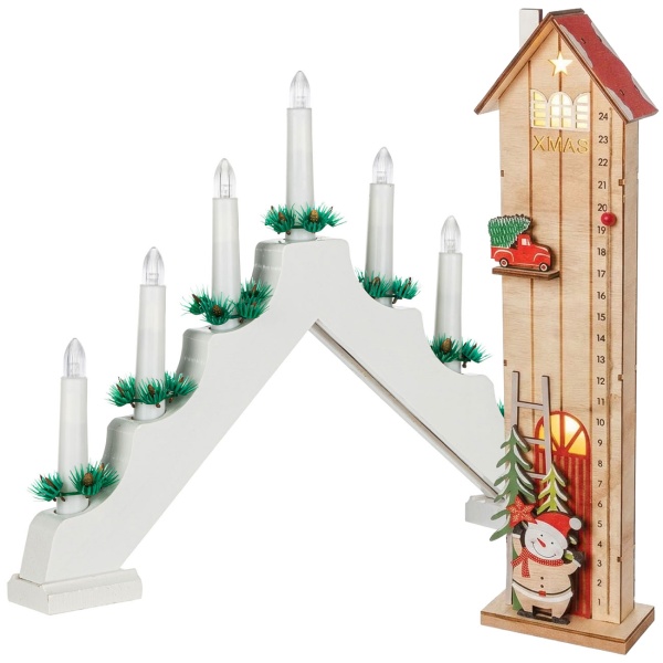 LED Adventskalender Haus & LED-Lichterbogen Set: Elegante Weihnachtsdeko warmweiss beleuchtet mit Timer & Countdown - Ideal für Tisch & Fenster