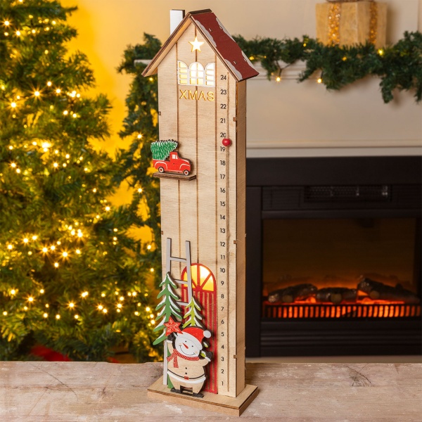 LED Adventskalender Haus & LED-Lichterbogen Set: Elegante Weihnachtsdeko warmweiss beleuchtet mit Timer & Countdown - Ideal für Tisch & Fenster