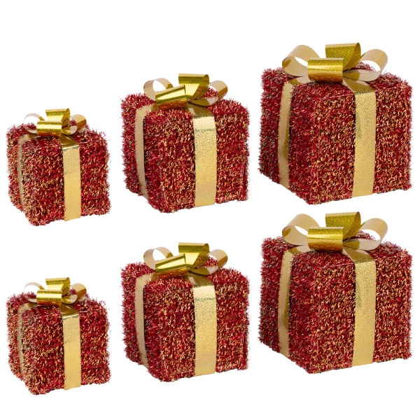 LED Geschenkboxen 6er Set rot-gold, beleuchtete Geschenke Weihnachtsdeko mit 152 warmweissen LEDs, Timer, batteriebetrieben, 12/15/18 cm