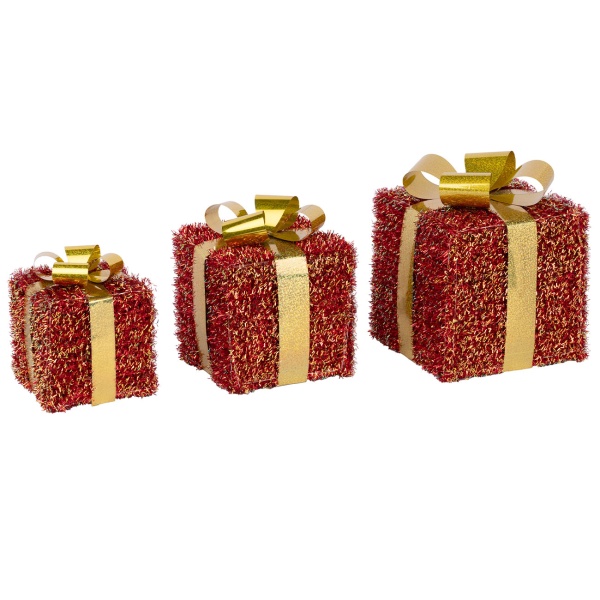 LED Geschenkboxen 6er Set rot-gold, beleuchtete Geschenke Weihnachtsdeko mit 152 warmweissen LEDs, Timer, batteriebetrieben, 12/15/18 cm