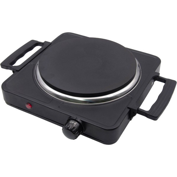 Einzelkochplatte 1500 Watt schwarz, elektrische Kochplatte mit Gusseisenplatte, Drehregler und Griffen, mobile Herdplatte für Camping und Büro