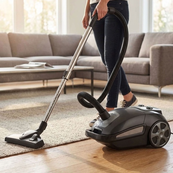 Bodenstaubsauger 850 W grau schwarz matt, Staubsauger mit Beutel 3 l, waschbarem HEPA Filter, Teleskopstange und automatischer Kabelaufwicklung, 5 m Kabel
