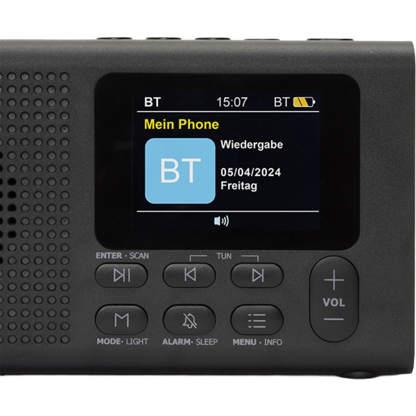 DAB+ Radio tragbar mit Bluetooth und Weckfunktion, Digitalradio DAB+ und UKW, Farbdisplay, 2 Weckzeiten, Netz- oder Batteriebetrieb, schwarz