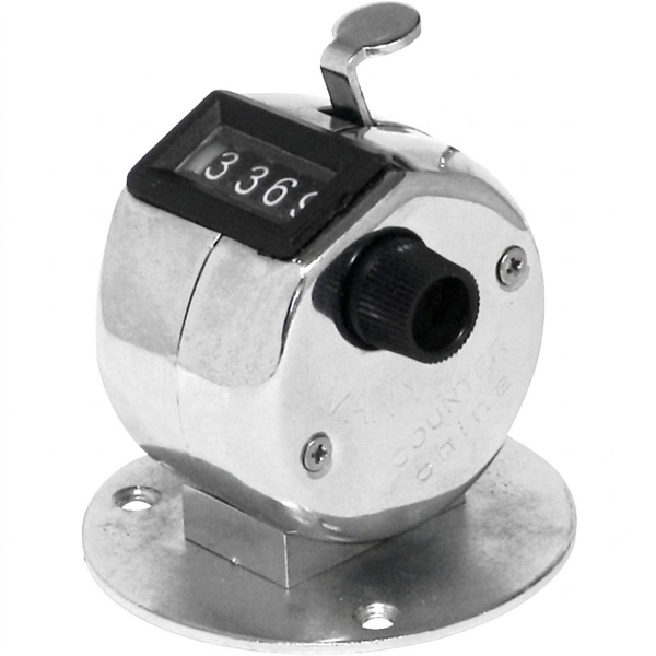 Handzähler mechanisch mit Sockel, Tischzähler 4-stellig 0 bis 9999, Stückzähler und Klickzähler mit Rückstellrad, verchromtes Gehäuse