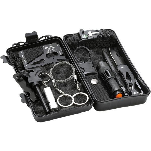 Survival Set in Schutzbox, Outdoor Notfallset mit Taschenlampe, Taschenmesser, Feuerstarter, Paracord Armband, Seilsäge und Notfallpfeife, 10-teilig 