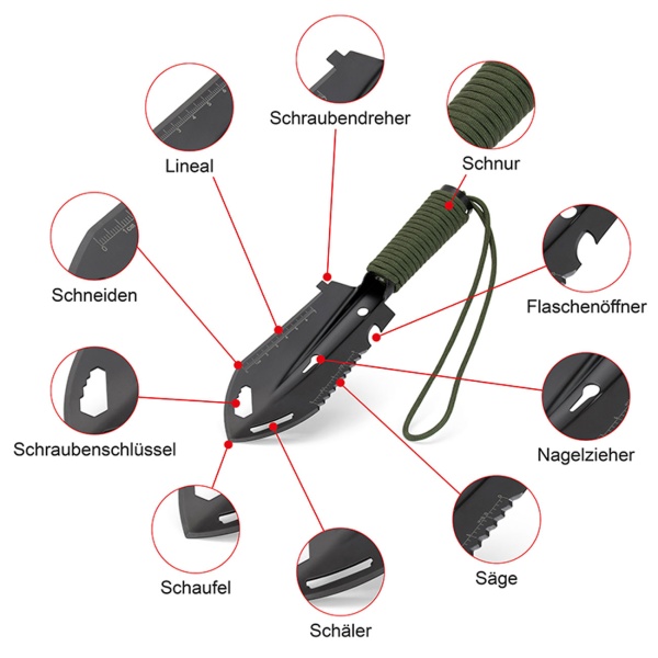 Multifunktionsschaufel 10-in-1 aus Kohlenstoffstahl, Outdoor Schaufel mit Säge, Schneidkante und Paracord Griff, mit Tasche, für Camping und Bushcraft